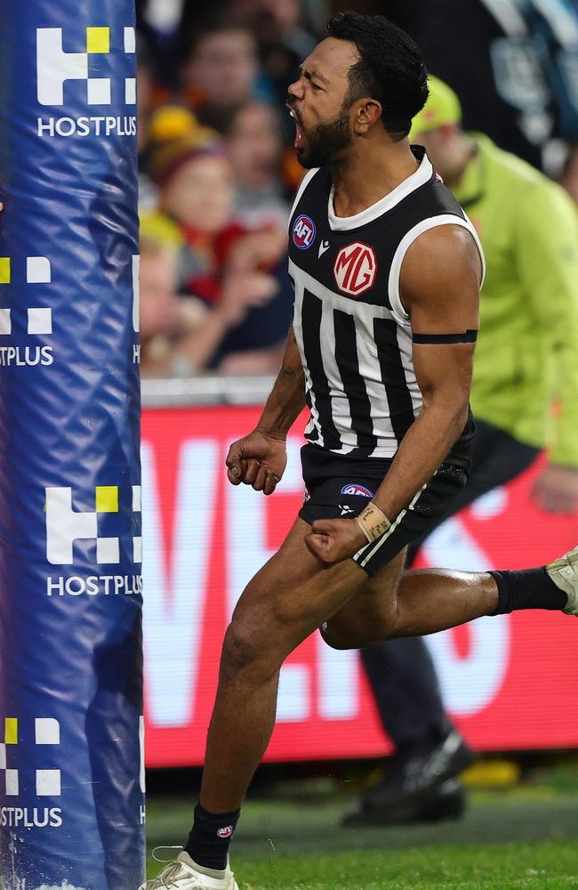 Willie Rioli celebrates a goal during Saturday night’s Showdown. Picture: Sarah Reed/AFL Photos via Getty Images