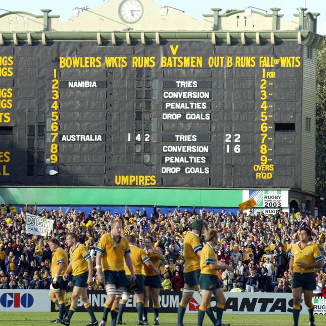  Wallabies players in front of the Adelaide Oval scoreboard during a World Cup drubbing of Namibia at the 2013 World Cup. Picture: Jo-Anna Robinson