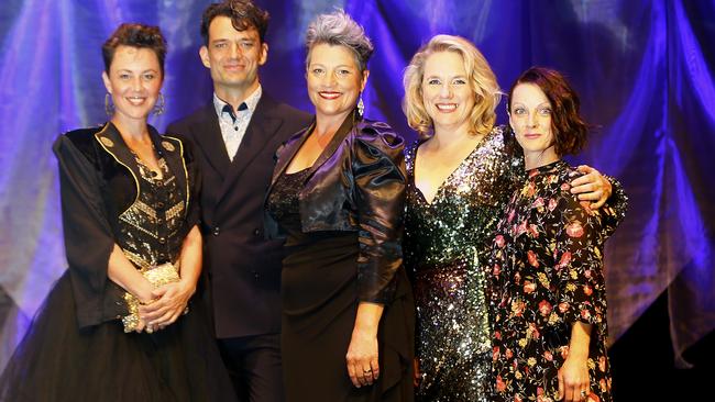 The Tasmanian Theatre Awards are held at Wrest Point. 'The Mares' cast are pictured on stage (L-R) Sara Cooper, Ben Winspear, Mel King, Jane Longhurst, Jane Johnson. Picture: MATT THOMPSON