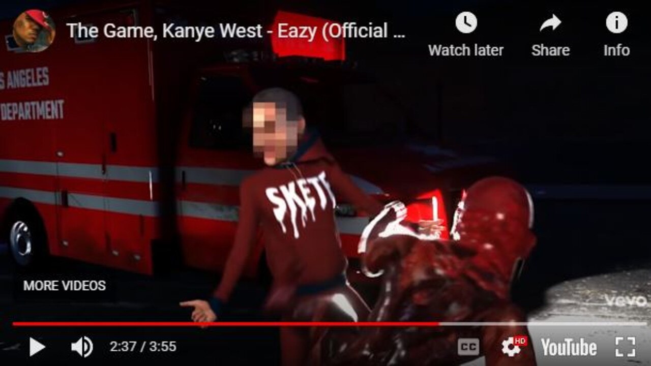 Kanye has attacked Pete Davidson in a second music video on YouTube for his song ‘Eazy’. Picture: YouTube/TheGame