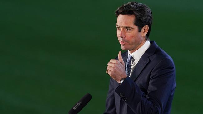 AFL chief Gillon McLachlan announces the AFL restart. Picture: AAP