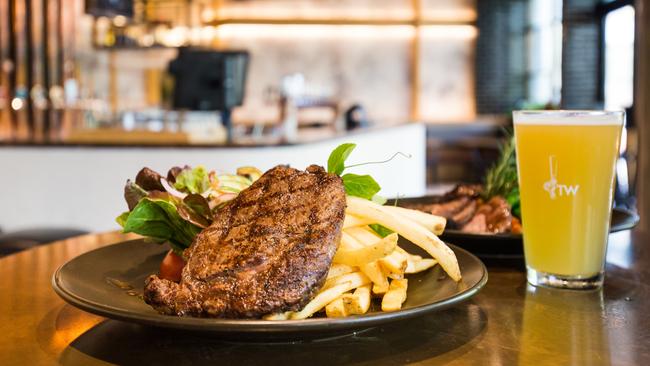 The sirloin steak, an accompaniment to the array of beer at Tapworks Bar and Grill, Coomera Westfield.