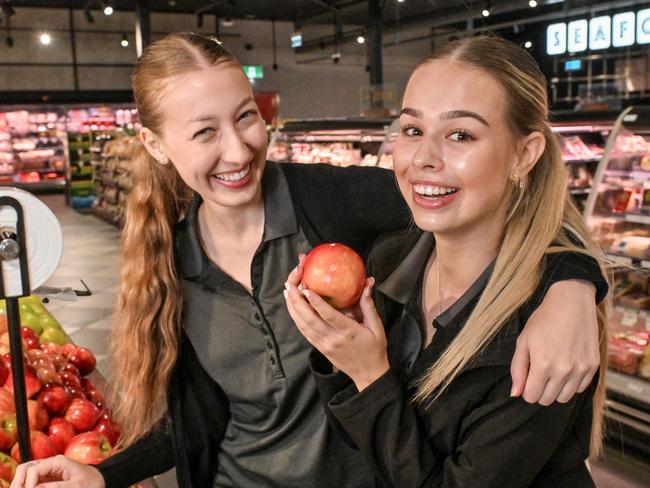 MARCH 17, 2024: Foodland front end supervisors Taylor Matiscsak and Amelia Cotgrave celebrate as their store Saints Road Foodland has been awarded IGA International Retailer of the Year - also known as World's Best Supermarket. Picture: Brenton Edwards