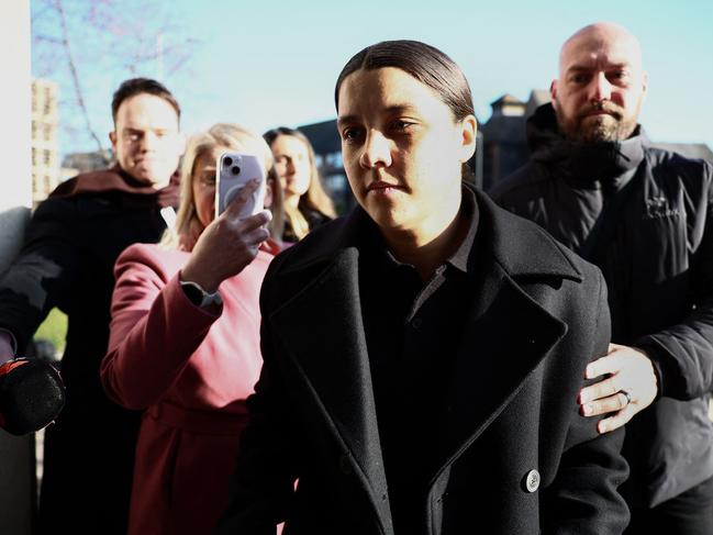 Chelsea's Australian striker Sam Kerr arrives at Kingston Crown Court in south London on February 6, 2025. Kerr told the court this week she was treated differently by police "because of the colour of my skin" after "fearing for my life" following an incident with a taxi driver. The Australia captain, who is of mixed race, is on trial charged with causing racially aggravated harassment to police officer Stephen Lovell during an incident in south-west London in the early hours of January 30, 2023. (Photo by HENRY NICHOLLS / AFP)