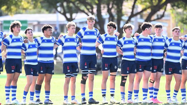 Nudgee players line-up ahead of a match against BHG - including Sam Watson, second from left, Ed Kasprowicz, middle and Jacob Johnson to his right. Picture, John Gass