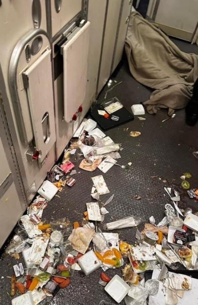 Food and cutlery strewn across the galley kitchen of the Boeing plane. Picture: X/Twitter
