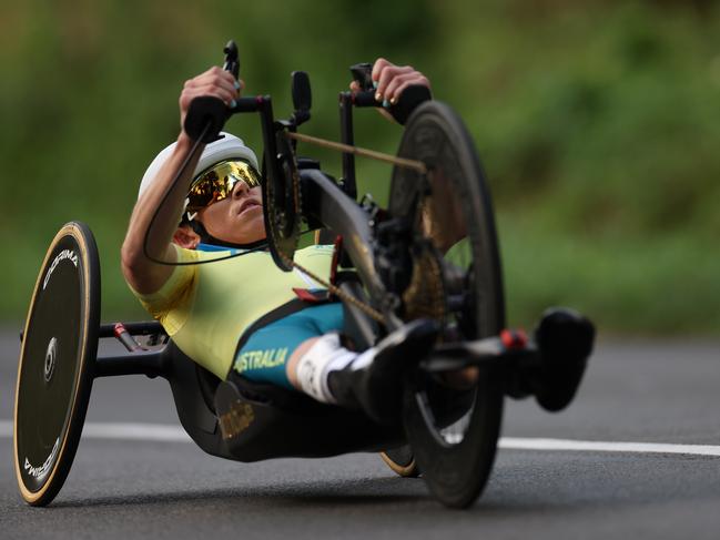 PARIS, FRANCE - SEPTEMBER 04: Lauren Parker of Team Australia competes during the Para Cycling Road Women's H1-3 Individual Time Trial on day seven of the Paris 2024 Summer Paralympic Games at  on September 04, 2024 in Paris, France. (Photo by Michael Steele/Getty Images)