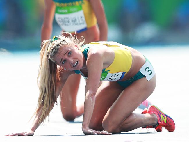 Australia’s Madeline Hener Hills and Genevieve LaCaze in the Women’s 3000m Final during the Athletics at the Olympic Stadium at the Rio 2016 Olympic Games. Picture: Phil Hillyard