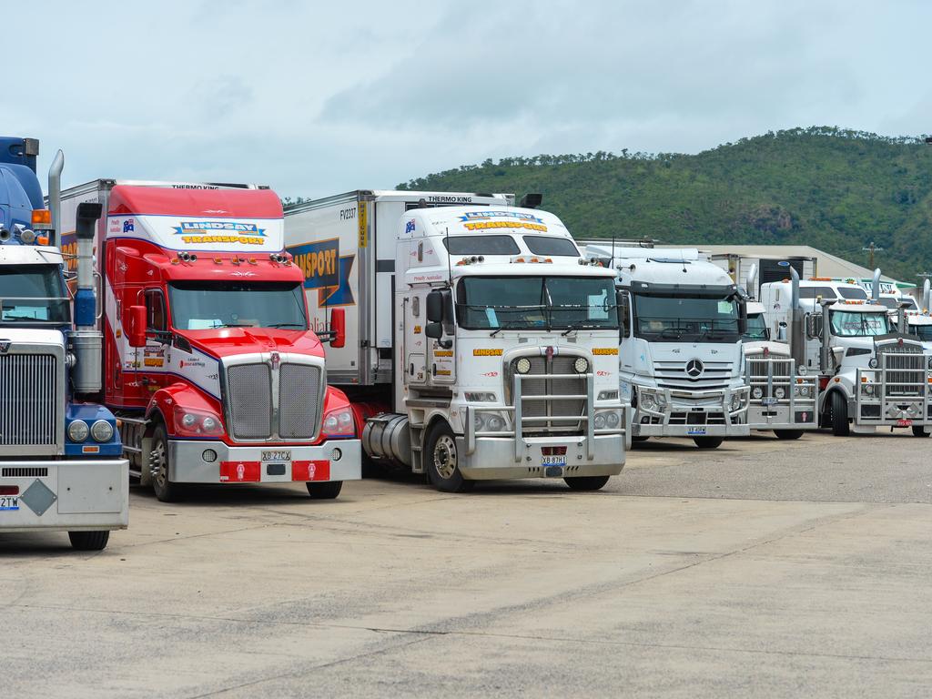 Trucks wait in Townsville as the Bruce Highway is cut. Picture: Scott Radford-Chisholm/NCA NewsWire