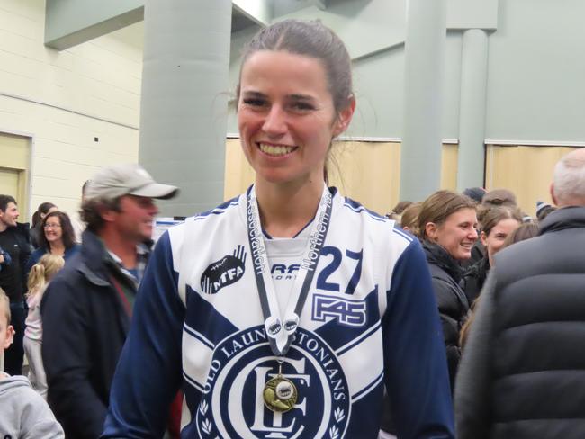 Ash Mawer backed up another Tasmanian Netball League premiership with Hawks two months ago with her first flag with Old Launcestonians on Saturday. Picture: Jon Tuxworth