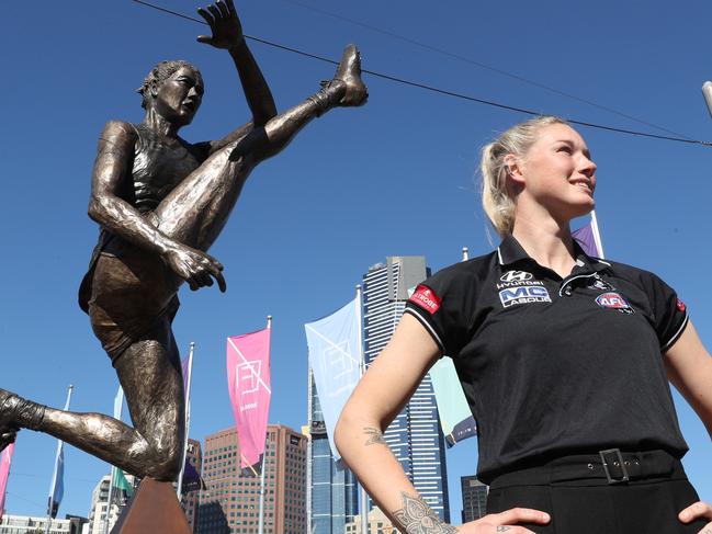 AFLW star Tayla Harris at the unveiling of a prototype statue that will be made to recognise her achievements in women's football at Federation Square in Melbourne, Wednesday, September 11, 2019. (AAP Image/David Crosling) NO ARCHIVING