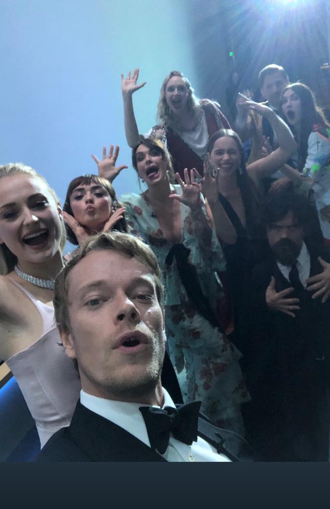 Actor Alfie Allen snaps a selfie during the 2019 Emmy Awards with fellow Game of Thrones cast - Sophie Turner, Maisie Williams, Lena Headey, Gwendoline Christie, Emilia Clarke, Nikolaj Coster-Waldau, Carice van Houten and Peter Dinklage. Picture: @alfieallen/Instagram