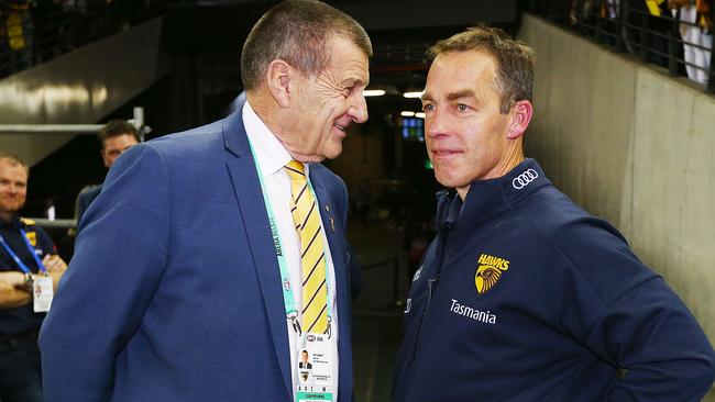 MELBOURNE, AUSTRALIA - JULY 22:  Hawks head coach Alastair Clarkson (R) celebrates the win with Hawks President Jeff Kennett during the round 18 AFL match between the Carlton Blues and the Hawthorn Hawks at Etihad Stadium on July 22, 2018 in Melbourne, Australia.  (Photo by Michael Dodge/Getty Images)