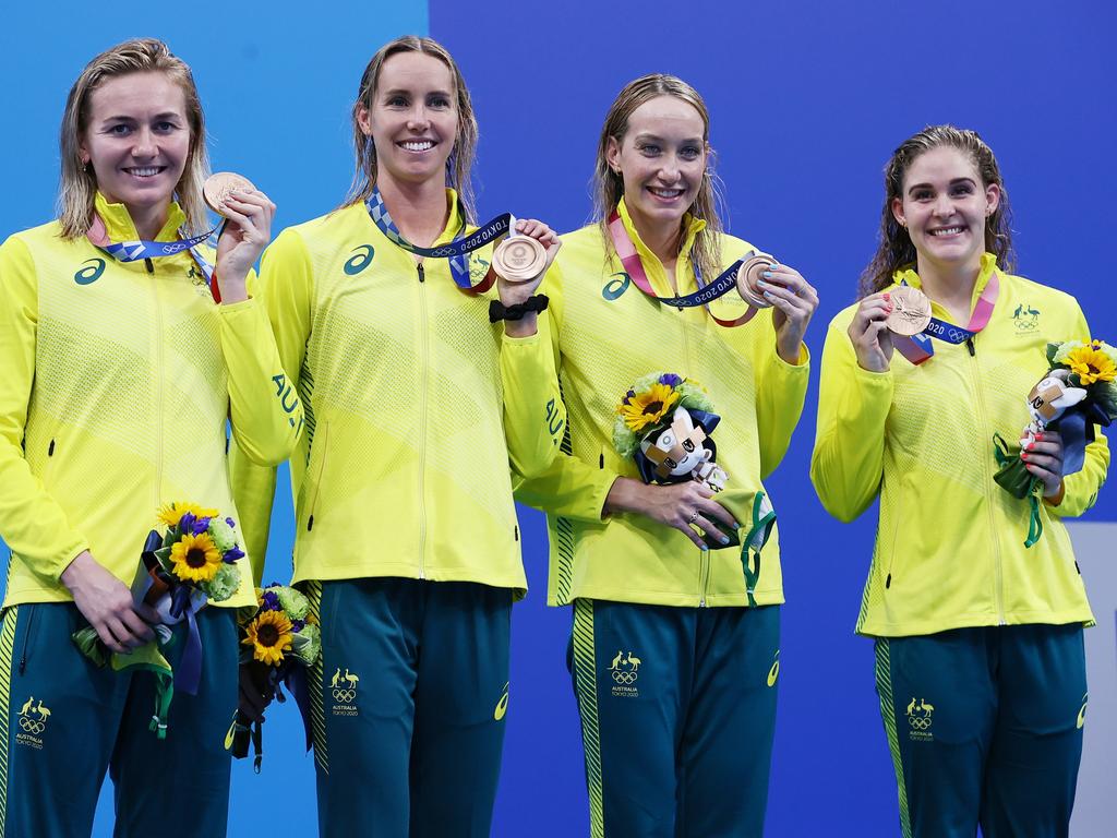 There is a chance the bronze medals won by Ariarne Titmus, Emma McKeon, Madison Wilson and Leah Neale in the 4 x 200m Freestyle Relay could be upgraded to silver. Picture: Getty Images