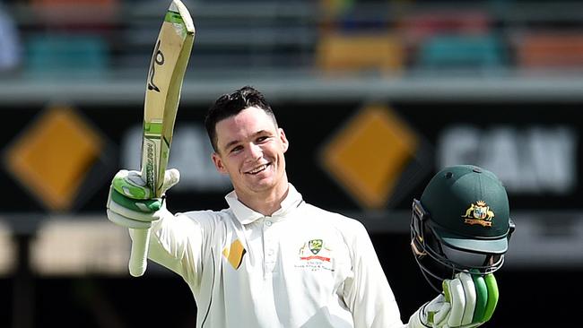 Peter Handscomb celebrates his maiden Test century. Picture: AAP