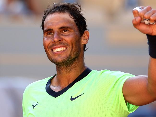 PARIS, FRANCE - JUNE 01: Rafael Nadal of Spain celebrates victory in their mens first round match against Alexei Popyrin of Australia during day three of the 2021 French Open at Roland Garros on June 01, 2021 in Paris, France. (Photo by Clive Brunskill/Getty Images)