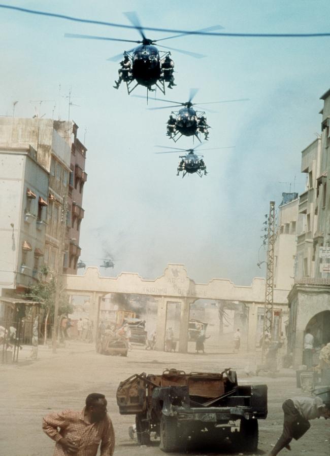 American soldiers arrive in Mogadishu, Somalia, in a scene from 2002 film Black Hawk Down.