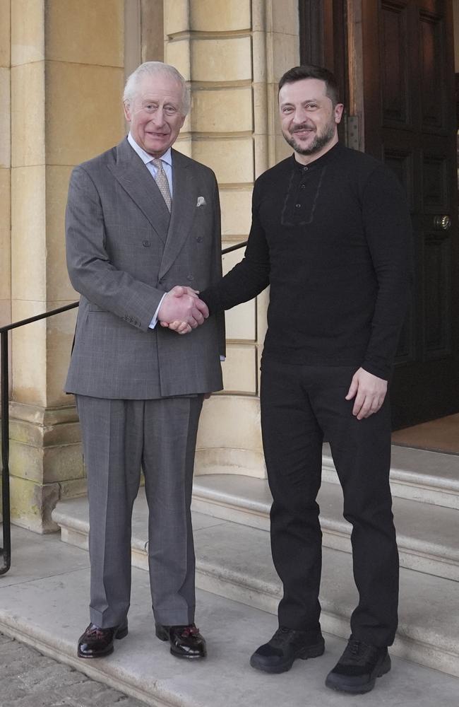 King Charles warmly greeted Zelensky during their meeting at the Sandringham Estate in Norfolk. Picture: Joe Giddens/PA via AP, Pool