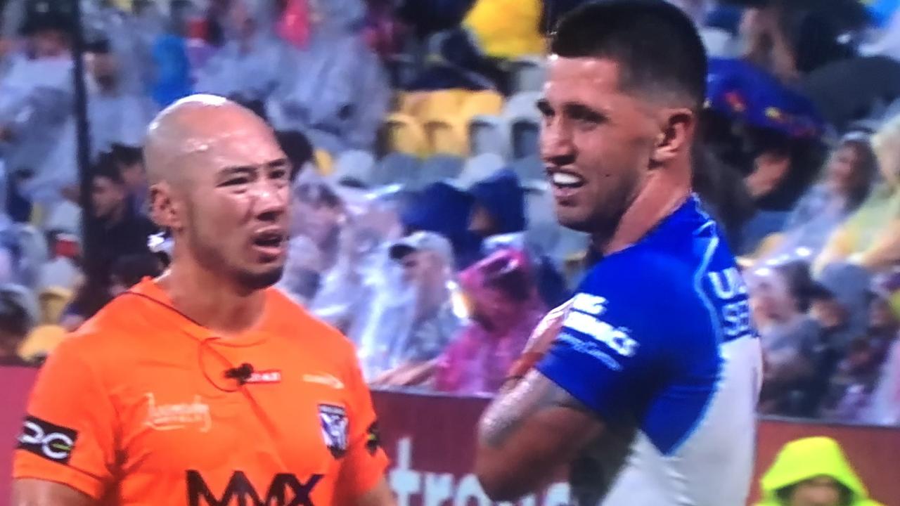 Canterbury's Jeremy Marshall-King appears to clutch his shoulder. Fox League