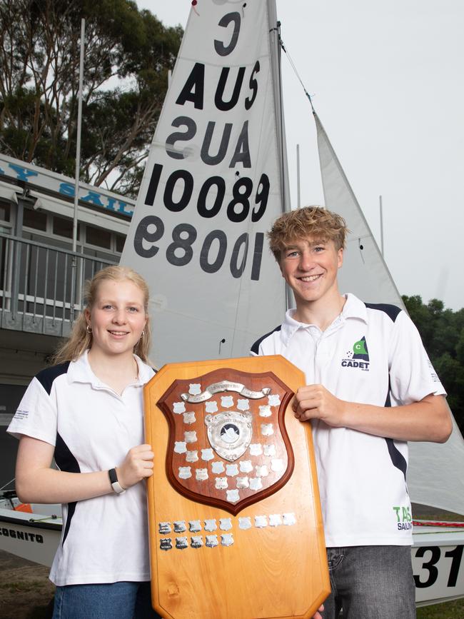 Representatives from the Tasmanian International Cadet Sailing team Olive Hooper aged 14 and Sam Hooper aged 16 from Sandy Bay Sailing club. Picture: Linda Higginson