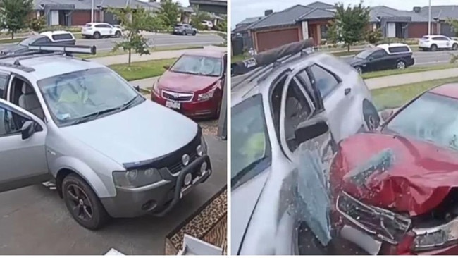 A family has ade a quick dash after a car veered into their parked vehicle in Werribee. Picture: 9News