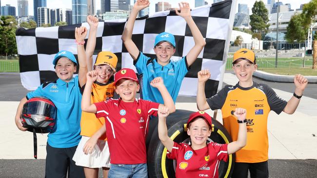 (L to R) Oscar, Essie, Sadie, Poppy, Darcy and Lucas are gearing up to take in all the live action from the new F1 fan zone that will take over Olympic Park Oval during the Grand Prix. Picture: David Crosling