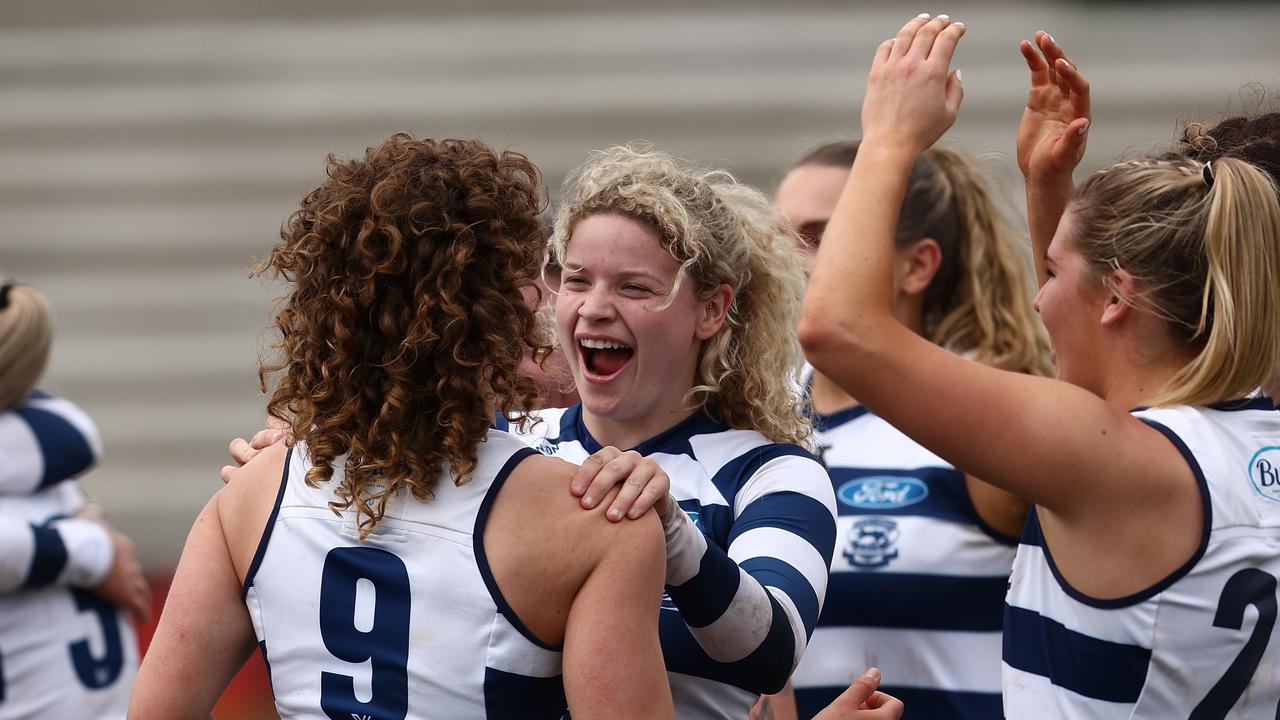 PERTH, AUSTRALIA - SEPTEMBER 03: Nina Morrison and Georgie Prespakis of the Cats celebrate after winning the round two AFLW match between the Fremantle Dockers and the Geelong Cats at Fremantle Oval on September 03, 2022 in Perth, Australia. (Photo by Paul Kane/Getty Images)