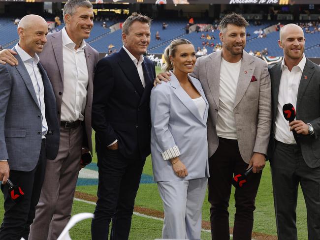 The Channel 7 Friday night team Alister Nicholson, Matthew Richardson, James Brayshaw, Abbey Holmes, Dale Thomas and Tom Mitchell. Picture: Michael Klein
