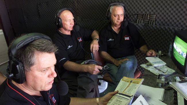 Ray Hadley, Bob Fulton and the late Peter Frilingos call a match on 2GB’s Continuous Call Team in 2002. Picture: Brett Costello