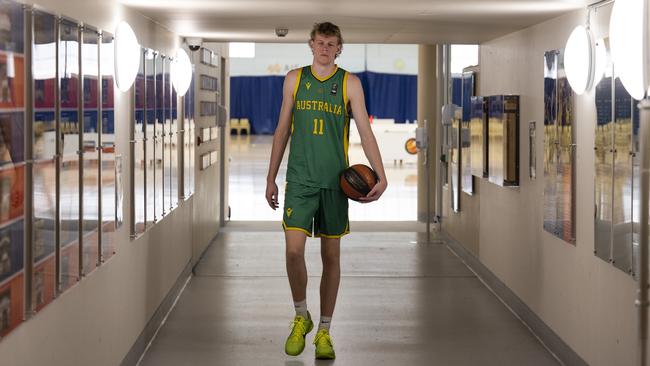 Rocco Zikarsky 16-year-old basketball star from Queensland, he has already played on the international stage and is already been touted as an NBA prospect. Trains at the Australian Institute of Sport in Canberra. Picture: NCA NewsWire/Martin Ollman