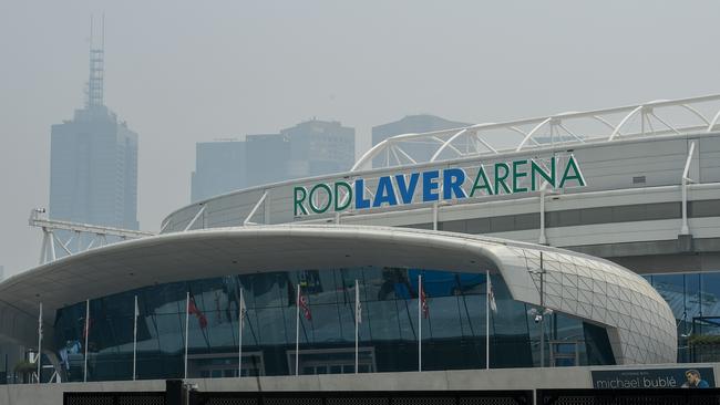 Smoke haze hovers over the Rod Laver Arena on Tuesday. Picture: AFP