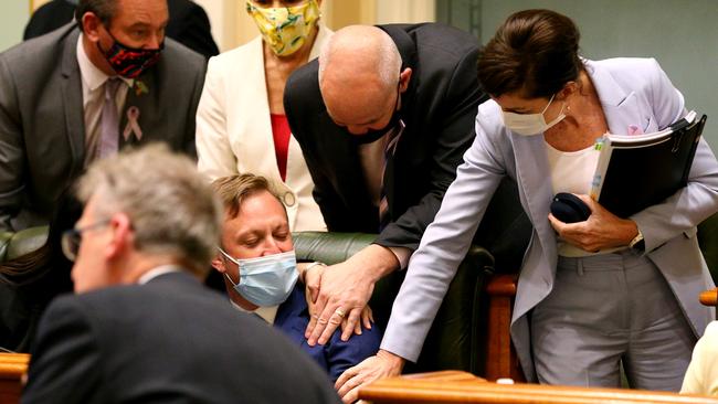 Deputy Premier Steven Miles is congratulated after the Voluntary Assisted Dying Bill was passed. Picture: David Clark