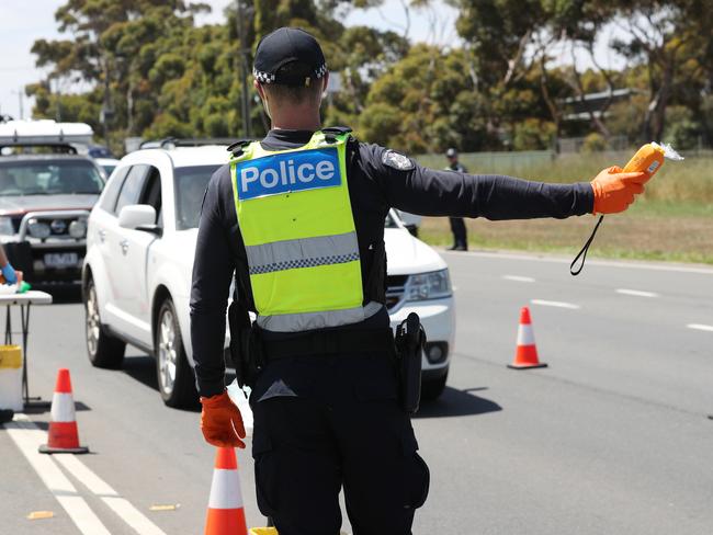 Police operated a booze bus on Bacchus Marsh Rd Corio - near Obriens Rd from midday to about 6pm on Wednesday. Picture: Alan Barber