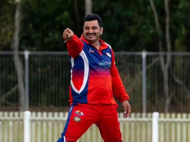 Vicky Lefty of Mulgrave celebrates during the Mens A grade match. Picture Emily Barker.