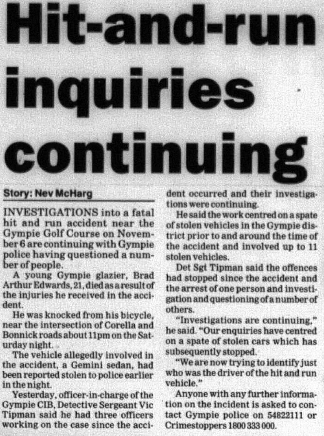 GYMPIE TIMES - December 1, 1999: 'Hit-and-run inquiries continuing'