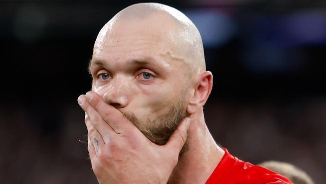 MELBOURNE, AUSTRALIA - SEPTEMBER 15: Max Gawn of the Demons looks dejected after a loss  during the 2023 AFL First Semi Final match between the Melbourne Demons and the Carlton Blues at Melbourne Cricket Ground on September 15, 2023 in Melbourne, Australia. (Photo by Dylan Burns/AFL Photos via Getty Images)