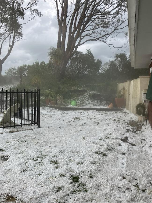 Hailstones blanketed the ground in the town. Picture: Karen Stephens/Facebook