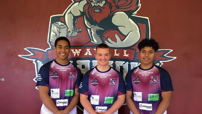 Wavell State High School under 15 Queensland representative players Junior Taungatua, left, Drew Timms and Tahrell Feaveai.