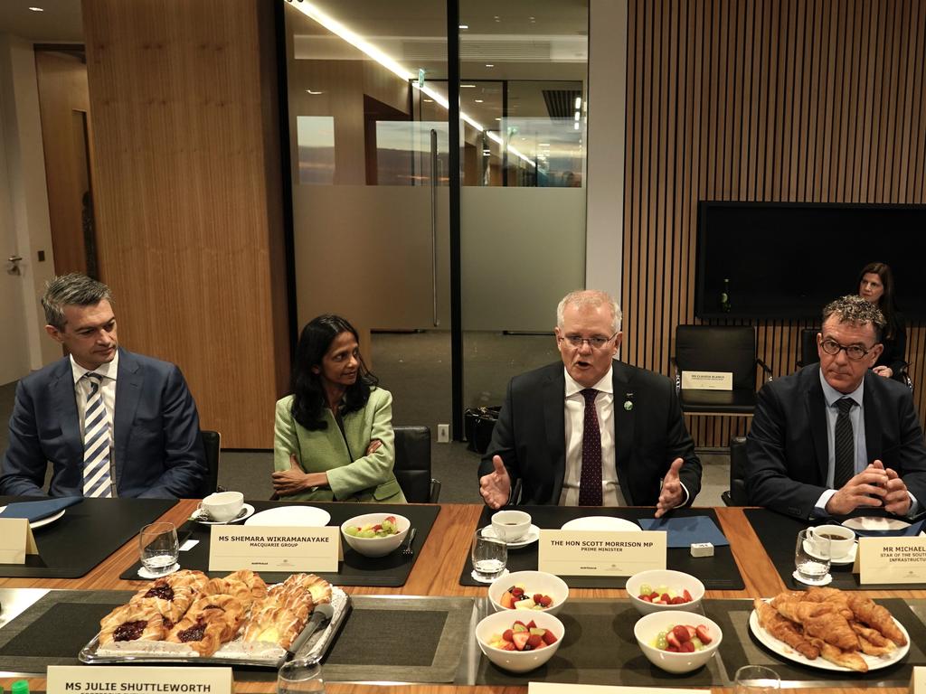 Prime Minister Scott Morrison holds a breakfast summit in Glasgow to hear from senior corporate representatives about their climate policies. Picture: Adam Taylor