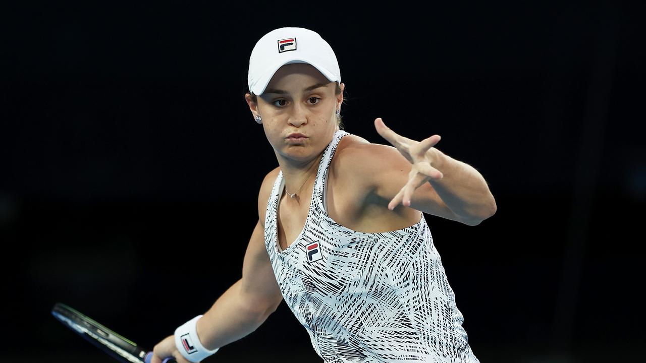 Ash Barty plays a forehand in her match against Danielle Collins. Picture: Getty Images