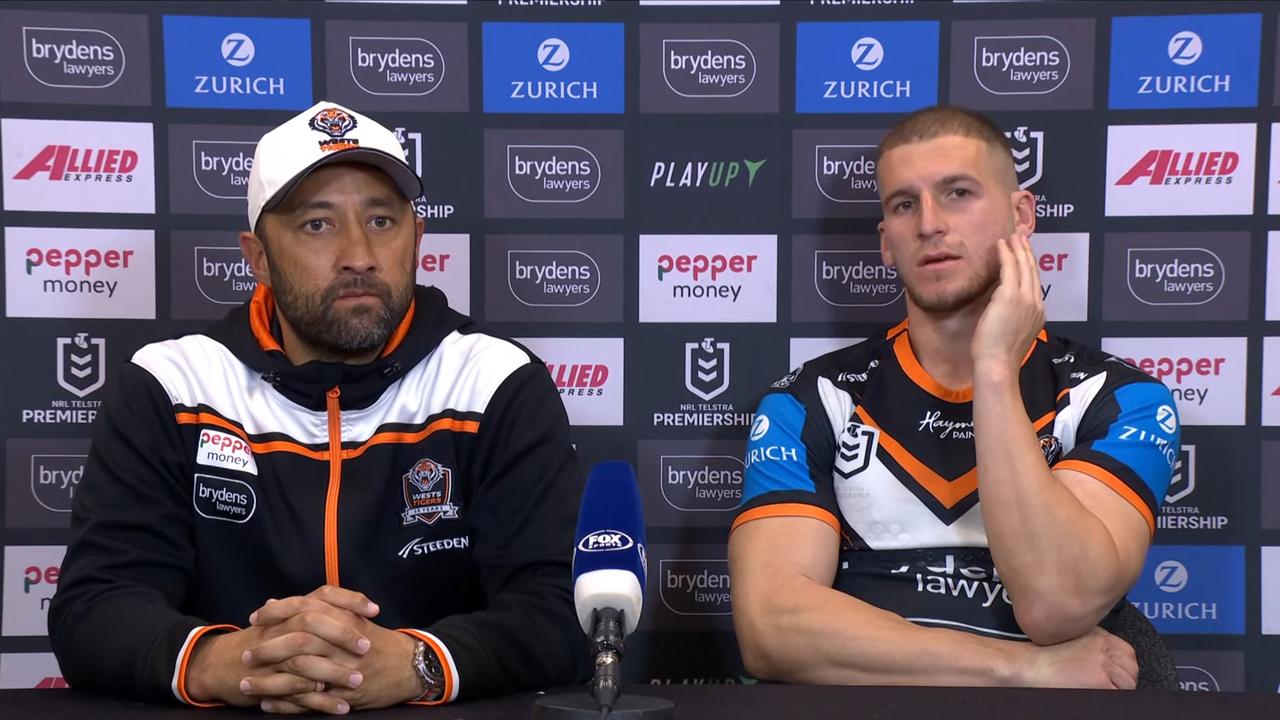 Benji Marshall and Adam Doueihi front the media after the loss to South Sydney.