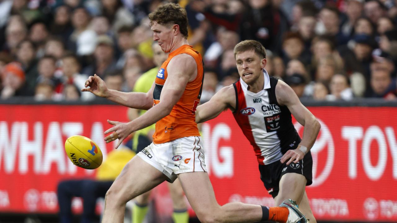 MELBOURNE, AUSTRALIA - SEPTEMBER 09: Tom Green of the Giants kicks the ball during the Second Elimination Final AFL match between St Kilda Saints and Greater Western Sydney Giants at Melbourne Cricket Ground, on September 09, 2023, in Melbourne, Australia. (Photo by Darrian Traynor/AFL Photos/via Getty Images)