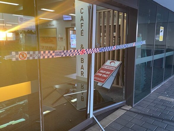 Two cars have smashed through the terminal doors of Dubbo Airport, with police looking for the drivers, who they allege stole cash before leaving the scene. Picture: Mathew Dickerson/ Twitter