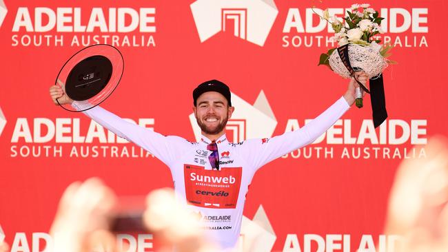 Chris Hamilton celebrates on the podium at the end of Stage 6 of the Tour Down Under. Picture: Getty Images