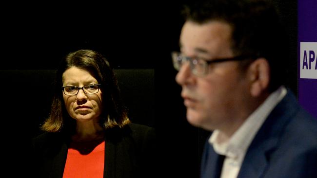 Premier Daniel Andrews and Health Minister Jenny Mikakos at the daily media conference. Picture: Andrew Henshaw