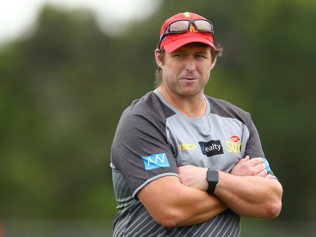 Head Coach Stuart Dew looks on during a Gold Coast Suns AFL training session at on May 27, 2020 in Gold Coast, Australia. (Photo by Chris Hyde/Getty Images)