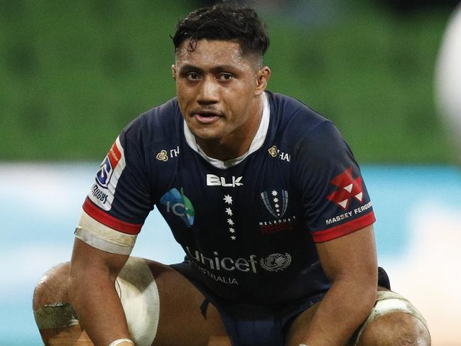 Robert Leota of the Rebels looks dejected after the Round 18 Super Rugby match between the Melbourne Rebels and the Waikato Chiefs at AAMI Park in Melbourne, Friday, June 14, 2019.  (AAP Image/Daniel Pockett) NO ARCHIVING, EDITORIAL USE ONLY