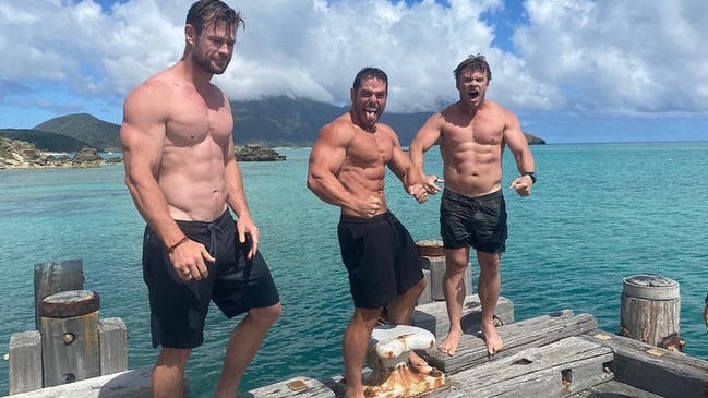 Chris Hemsworth visited Lord Howe Island with his brother Luke (right) and a friend (centre). Picture: chrishemsworth/Instagram