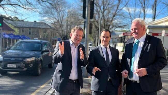 Member for Heysen Josh Teague, Shadow Minister for Infrastructure and Transport Vincent Tarzia and Shadow Minister for Regional Roads Adrian Pederick inspect the Hahndorf main street.