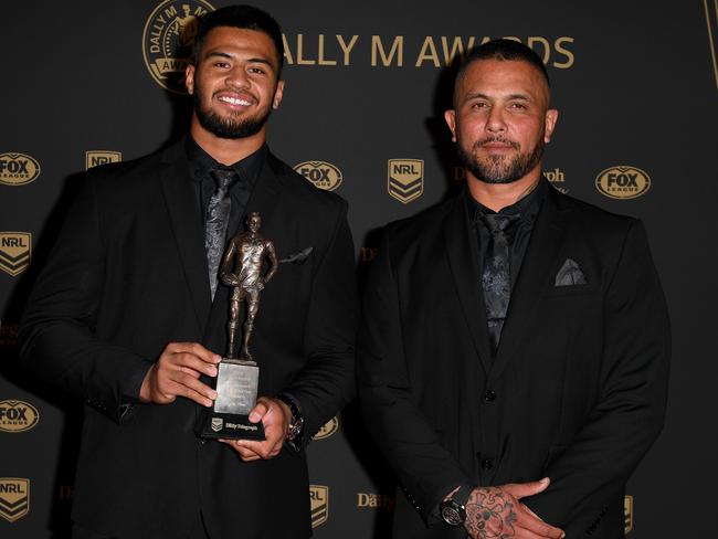 Brisbane Broncos player Payne Haas (left) and his father Gregor arrive at the 2019 Dally M Awards. Picture: AAP Imagery